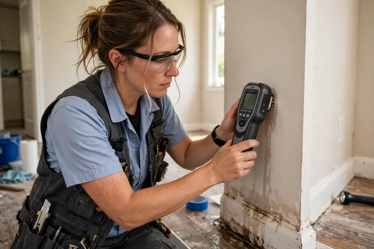 Technician using a digital moisture meter on a wall during a water damage inspection in McKinney, TX