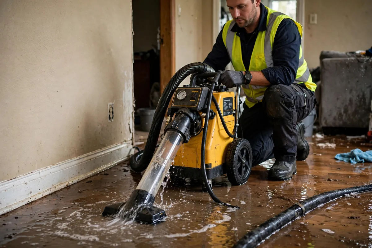Technician using professional water extraction equipment to remove floodwater in McKinney